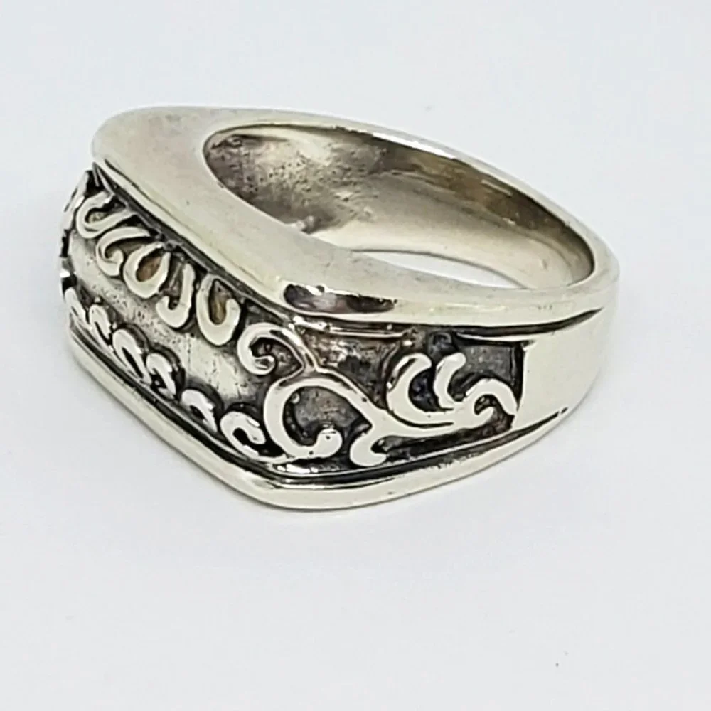 Rectangle Front Delicate Scroll Work Statement Sterling Silver Ring Unisex